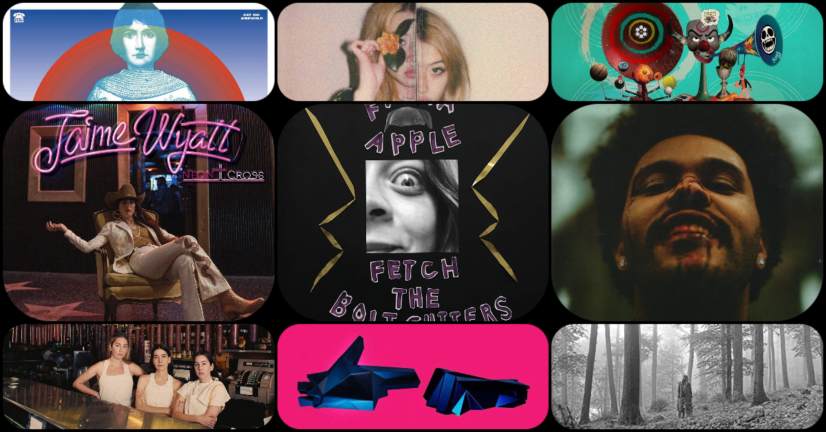 Nine album covers in a collage